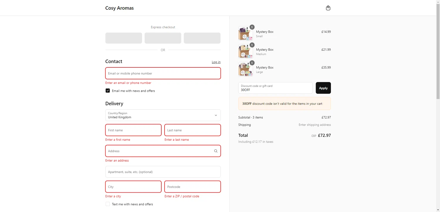 Cosy Candles promo code screenshot showing code 30OFF applied at Cosy Candles checkout page. Uploaded by SimplyCodes community member EpicEagle816 on Jul 12, 2025