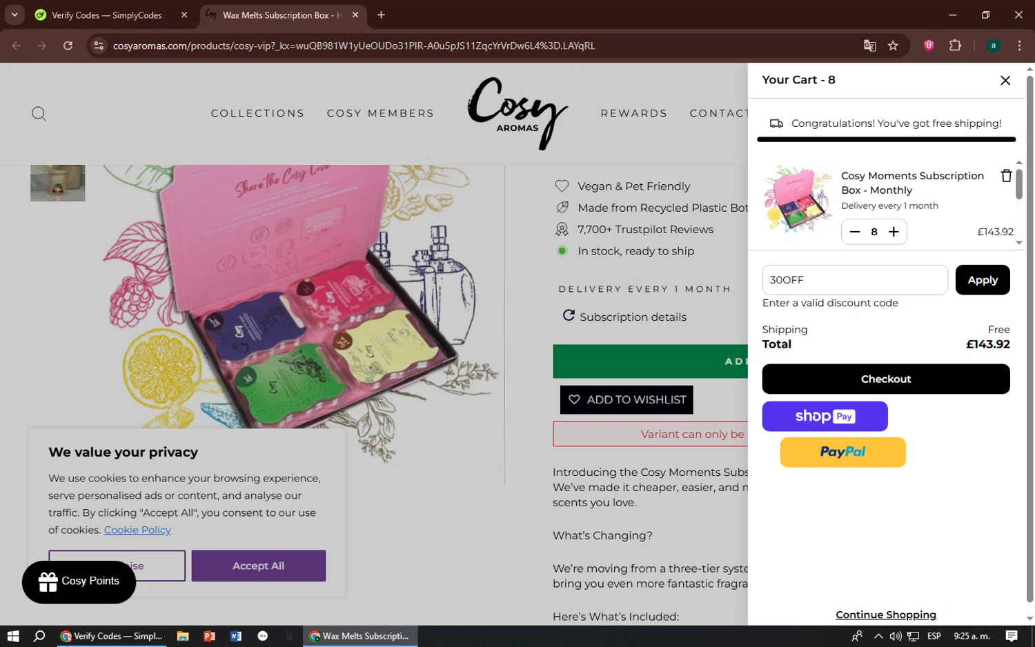 Cosy Candles promo code screenshot showing code 30OFF applied at Cosy Candles checkout page. Uploaded by SimplyCodes community member zizu55 on Jul 12, 2025