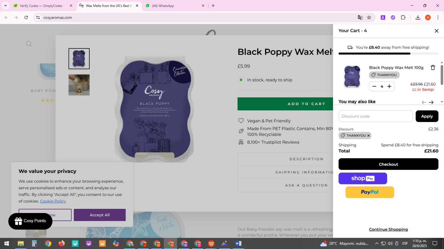 Cosy Candles promo code screenshot showing code thankyou applied at Cosy Candles checkout page. Uploaded by SimplyCodes community member Mark13 on Jun 20, 2025