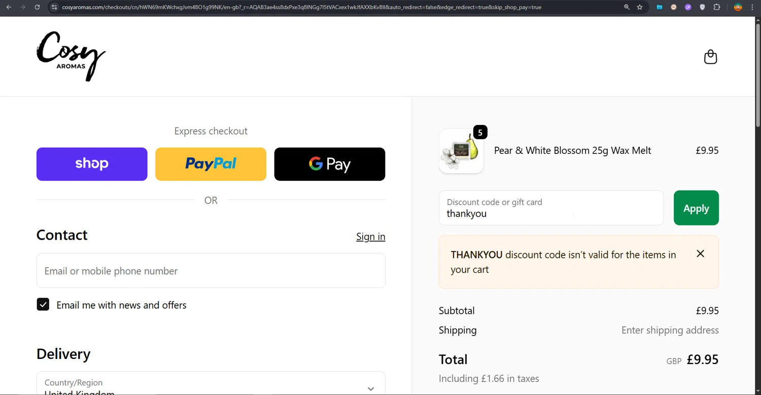 Cosy Candles promo code screenshot showing code thankyou applied at Cosy Candles checkout page. Uploaded by SimplyCodes community member PrimeShopper6600 on Dec 7, 2025