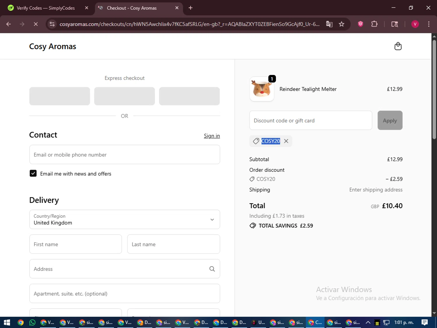 Cosy Candles promo code screenshot showing code COSY20 applied at Cosy Candles checkout page. Uploaded by SimplyCodes community member ShieldEagle6102 on Nov 11, 2025
