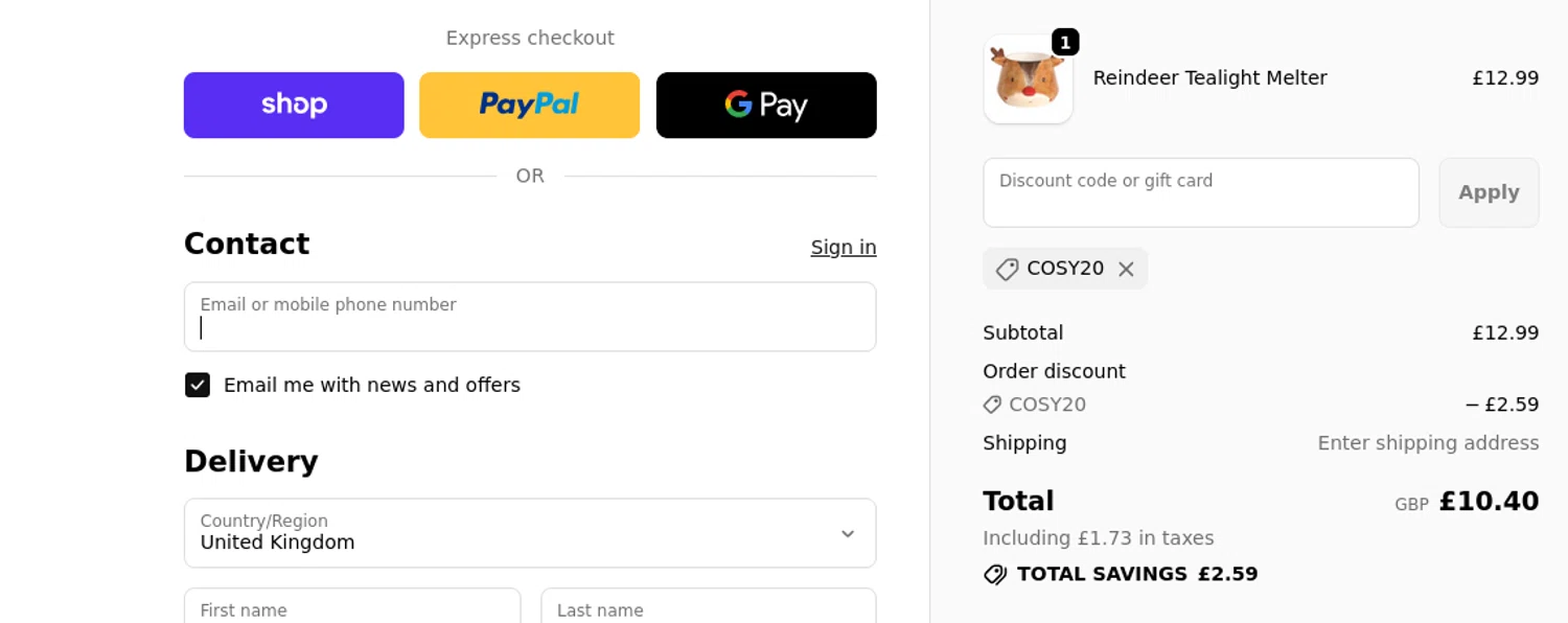 Cosy Candles promo code screenshot showing code COSY20 applied at Cosy Candles checkout page. Uploaded by SimplyCodes community member javierprez on Oct 14, 2025