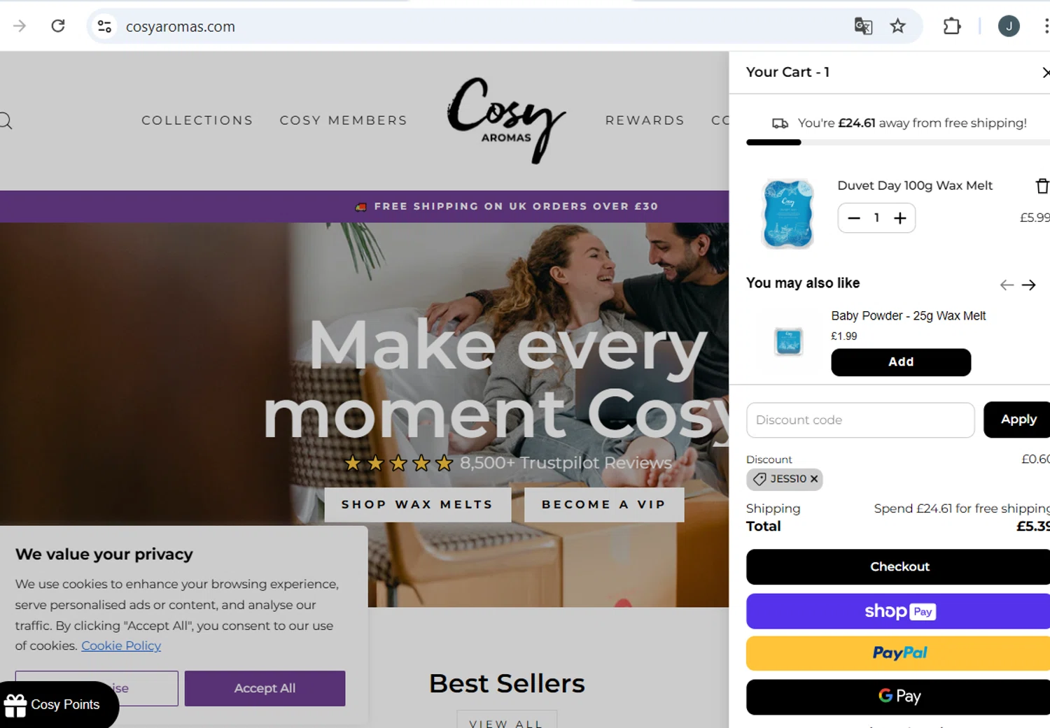 Cosy Candles promo code screenshot showing code jess10 applied at Cosy Candles checkout page. Uploaded by SimplyCodes community member vida5254427716958 on Jun 12, 2025