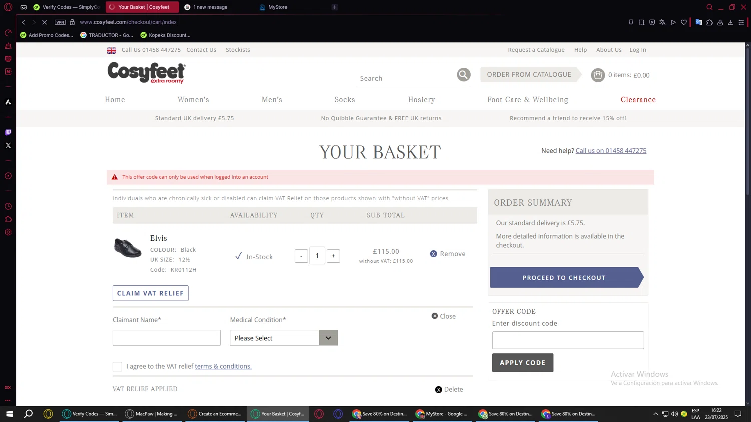 Cosyfeet discount code screenshot showing code CFAWIN10 applied at Cosyfeet checkout page. Uploaded by SimplyCodes community member BANKAI on Jul 23, 2025
