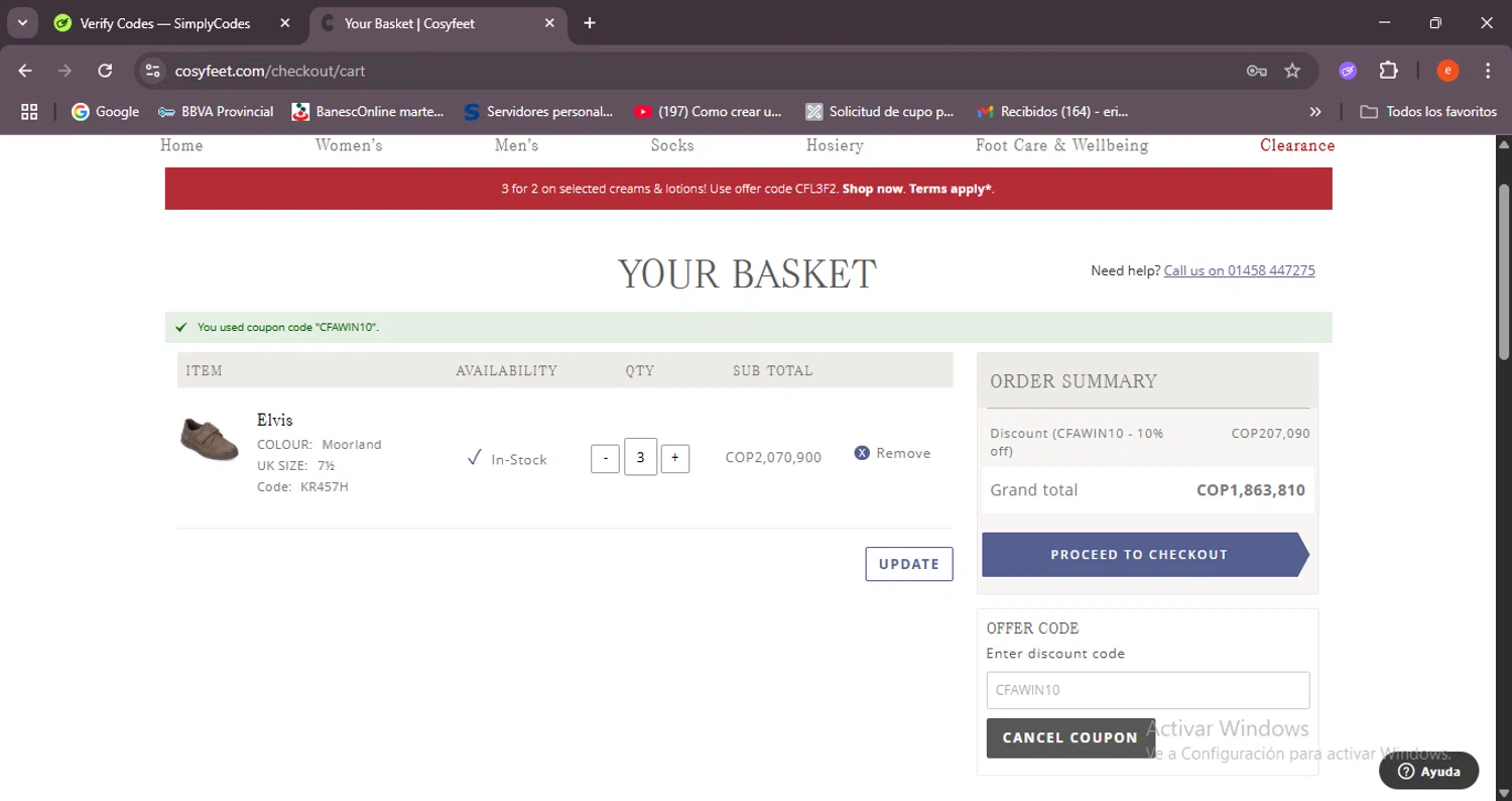 Cosyfeet discount code screenshot showing code CFAWIN10 applied at Cosyfeet checkout page. Uploaded by SimplyCodes community member BrilliantSleuth7740 on Jun 23, 2025