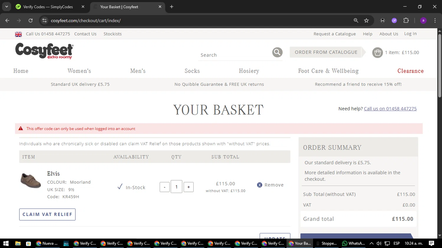 Cosyfeet discount code screenshot showing code CFAWIN10 applied at Cosyfeet checkout page. Uploaded by SimplyCodes community member CoinElite8997 on Jul 23, 2025