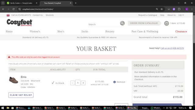 Cosyfeet checkout page showing Cosyfeet discount code box | Screenshot taken by SimplyCodes community member on Jul 23, 2025