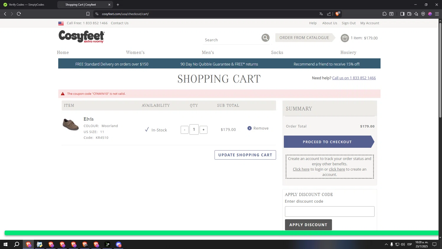 Cosyfeet discount code screenshot showing code CFAWIN10 applied at Cosyfeet checkout page. Uploaded by SimplyCodes community member SpeeDFast on Jul 23, 2025