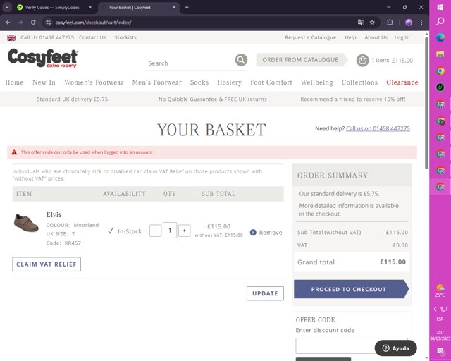 Cosyfeet checkout page showing Cosyfeet discount code box | Screenshot taken by SimplyCodes community member on Mar 30, 2025