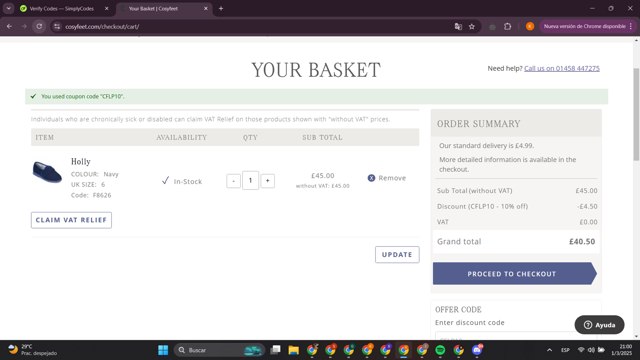 Cosyfeet checkout page showing Cosyfeet discount code box | Screenshot taken by SimplyCodes community member on Mar 2, 2025