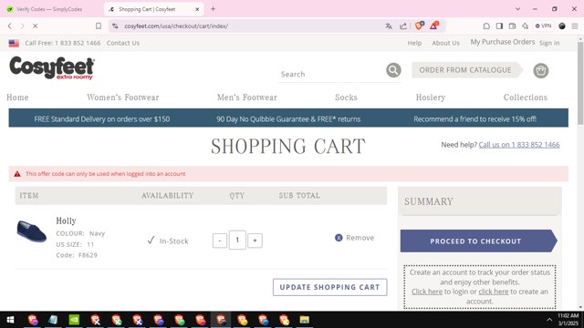 Cosyfeet checkout page showing Cosyfeet discount code box | Screenshot taken by SimplyCodes community member on Mar 1, 2025