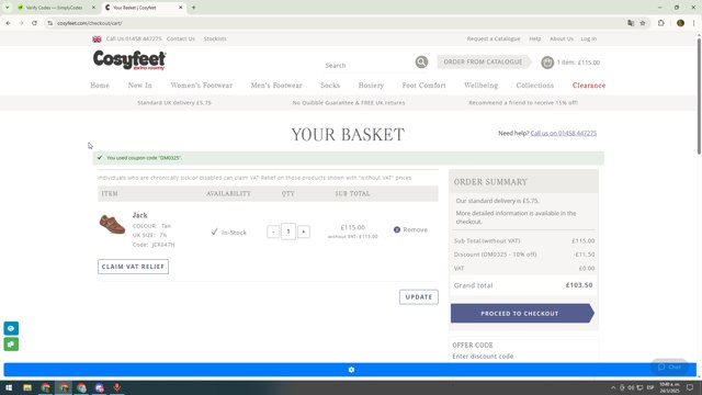 Cosyfeet checkout page showing Cosyfeet discount code box | Screenshot taken by SimplyCodes community member on Mar 24, 2025