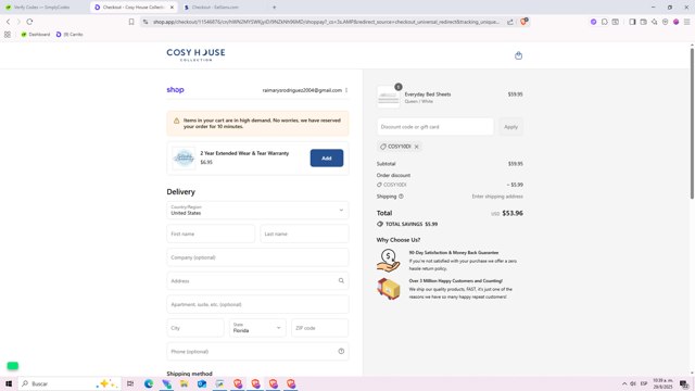 Cosy House Collection checkout page showing Cosy House Collection discount code box | Screenshot taken by SimplyCodes community member on Aug 29, 2025