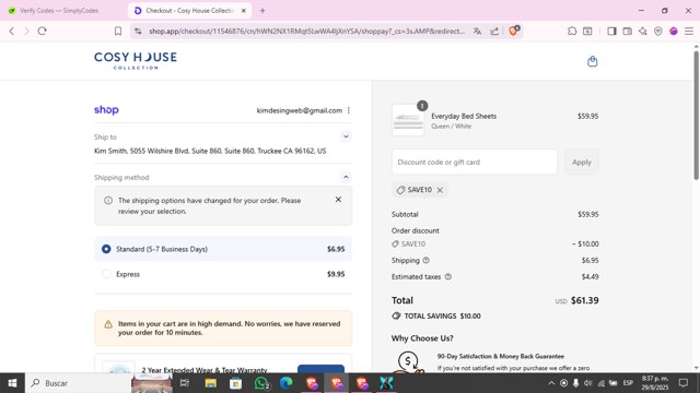 Cosy House Collection checkout page showing Cosy House Collection discount code box | Screenshot taken by SimplyCodes community member on Aug 30, 2025