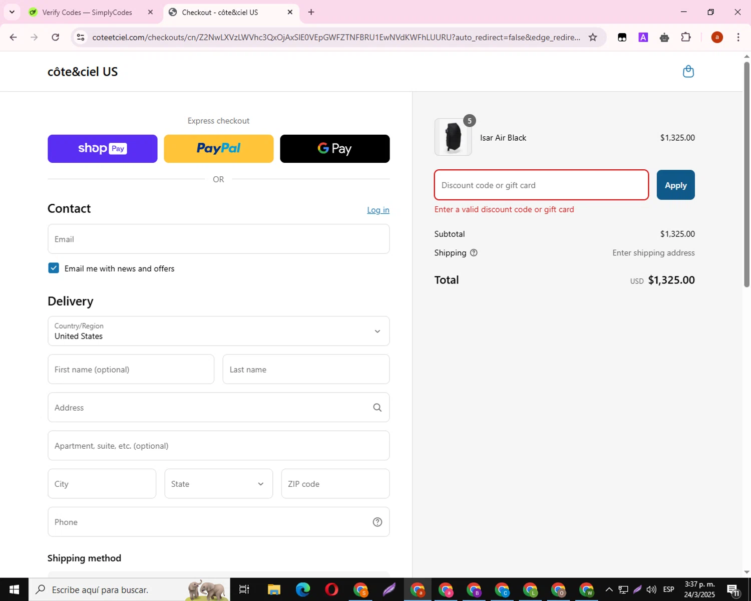 Côte & Ciel promo code screenshot showing code KLARNA15 applied at Côte & Ciel checkout page. Uploaded by SimplyCodes community member PrimePro2711 on Mar 24, 2025