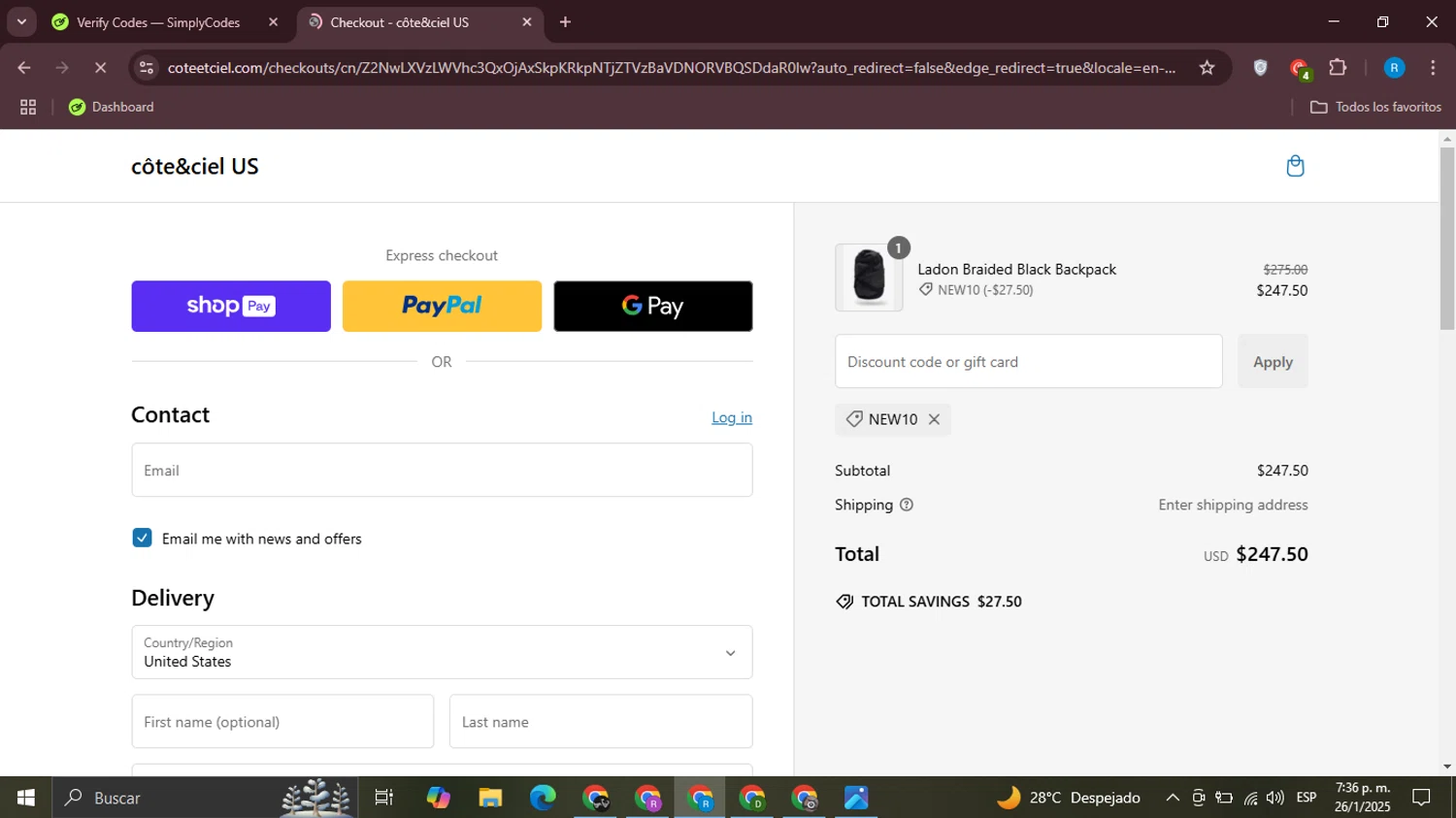 Côte & Ciel promo code screenshot showing code NEW10 applied at Côte & Ciel checkout page. Uploaded by SimplyCodes community member Aemontar on Jan 26, 2025
