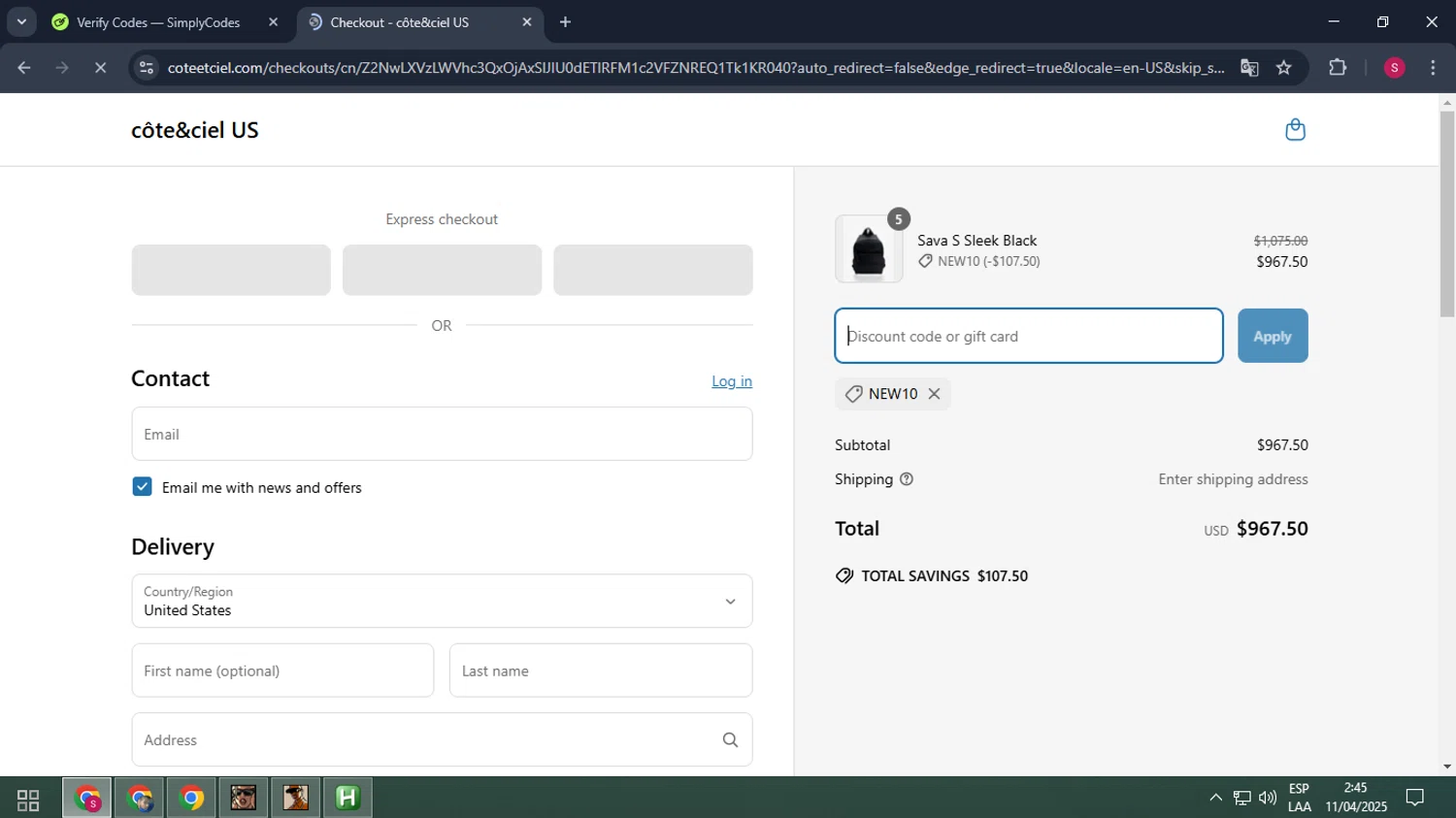 Côte & Ciel promo code screenshot showing code NEW10 applied at Côte & Ciel checkout page. Uploaded by SimplyCodes community member ELMORADO on Apr 11, 2025