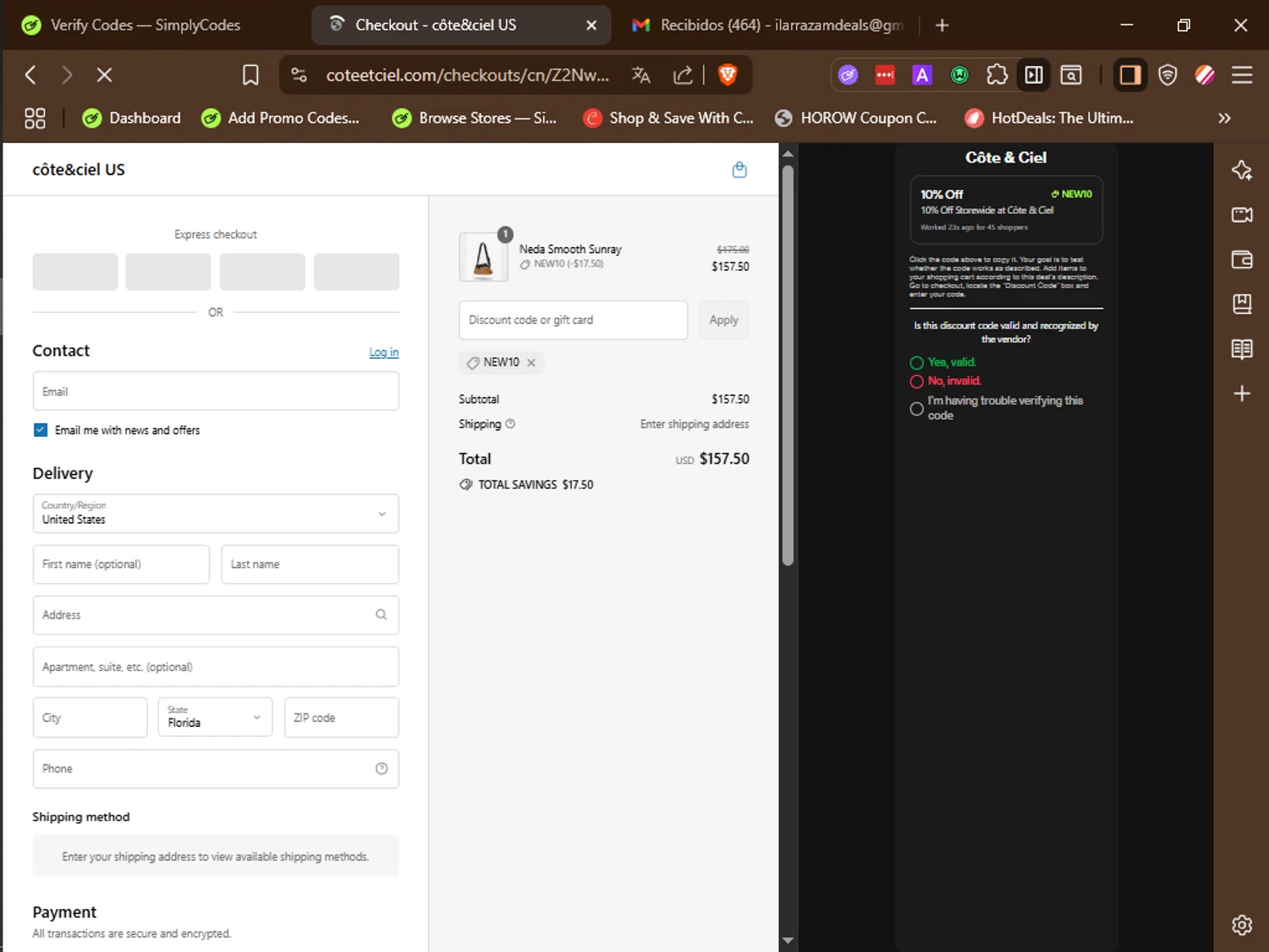 Côte & Ciel promo code screenshot showing code NEW10 applied at Côte & Ciel checkout page. Uploaded by SimplyCodes community member IronMind4607 on Jul 17, 2025