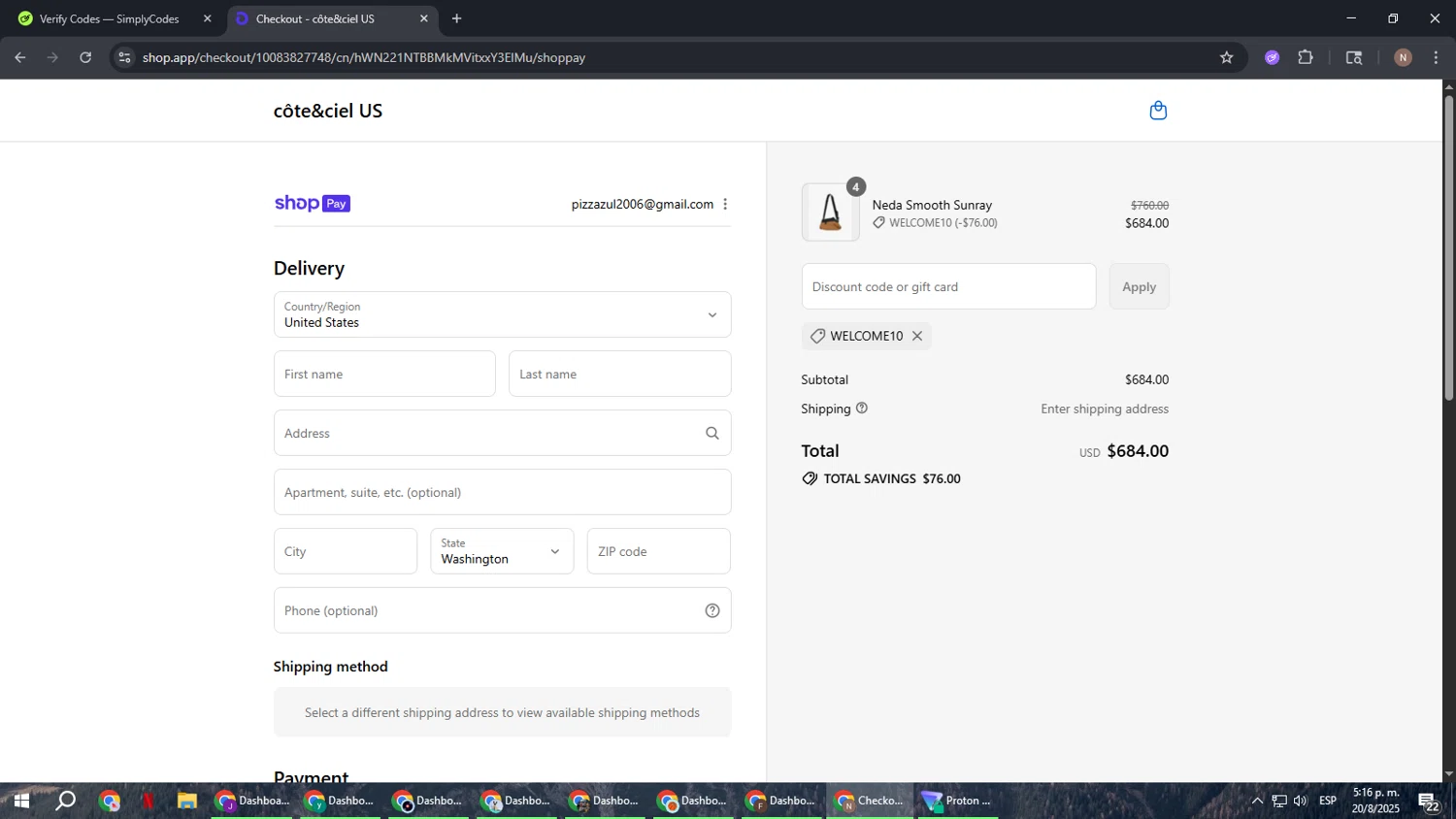 Côte & Ciel promo code screenshot showing code WELCOME10 applied at Côte & Ciel checkout page. Uploaded by SimplyCodes community member DiscountPioneer2554 on Aug 20, 2025