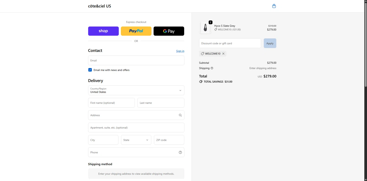 Côte & Ciel promo code screenshot showing code WELCOME10 applied at Côte & Ciel checkout page. Uploaded by SimplyCodes community member RoyalVirtuoso4479 on Oct 9, 2025