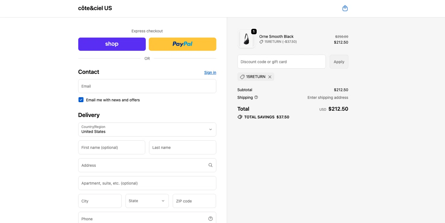 Côte & Ciel promo code screenshot showing code 15RETURN applied at Côte & Ciel checkout page. Uploaded by SimplyCodes community member ELOIN777 on Feb 4, 2026