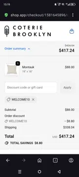 WELCOME10 coupon verification screenshot