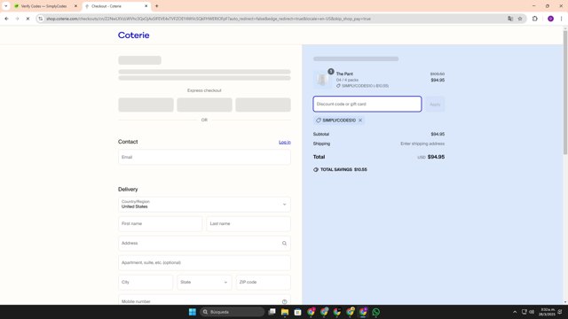 Coterie checkout page showing Coterie discount code box | Screenshot taken by SimplyCodes community member on Mar 28, 2025