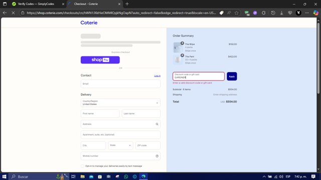 Coterie checkout page showing Coterie discount code box | Screenshot taken by SimplyCodes community member on Aug 1, 2025