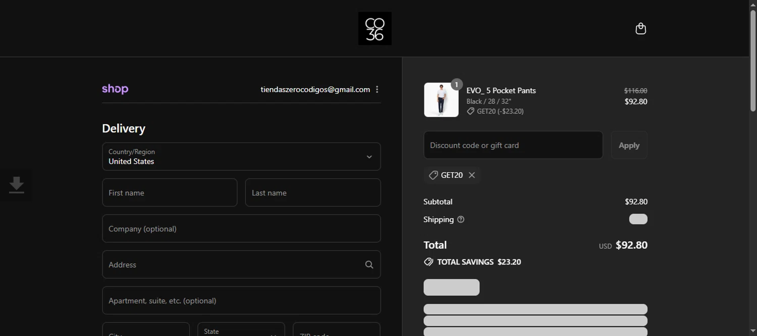Co.Thirty Six promo code screenshot showing code get20 applied at Co.Thirty Six checkout page. Uploaded by SimplyCodes community member 111111 on Sep 7, 2025