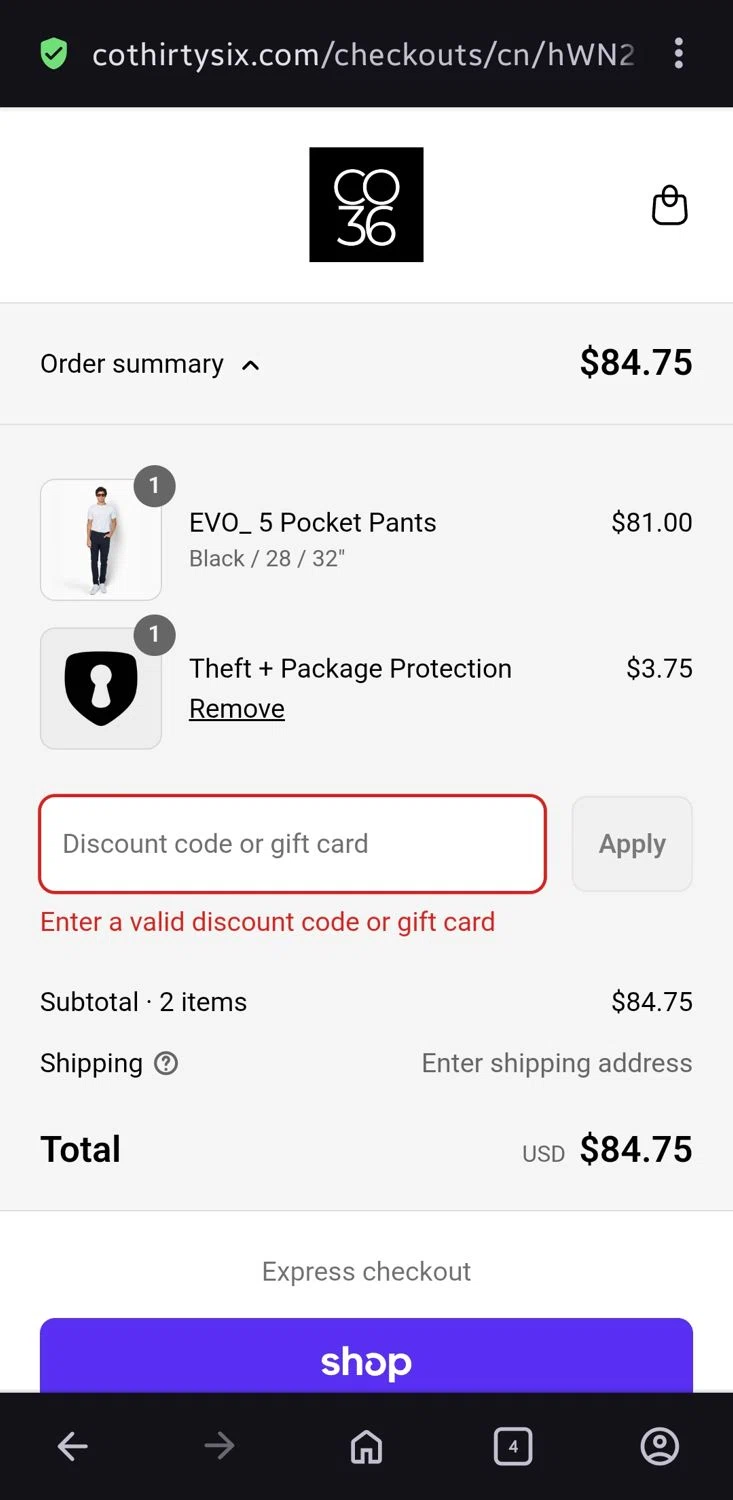Co.Thirty Six promo code screenshot showing code FIRST10 applied at Co.Thirty Six checkout page. Uploaded by SimplyCodes community member Charly2607 on Aug 30, 2025