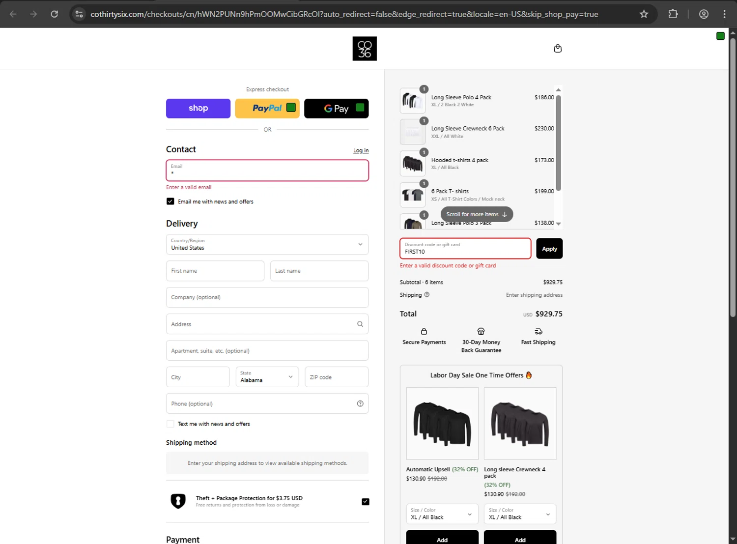 Co.Thirty Six promo code screenshot showing code FIRST10 applied at Co.Thirty Six checkout page. Uploaded by SimplyCodes community member fiadaz on Aug 30, 2025