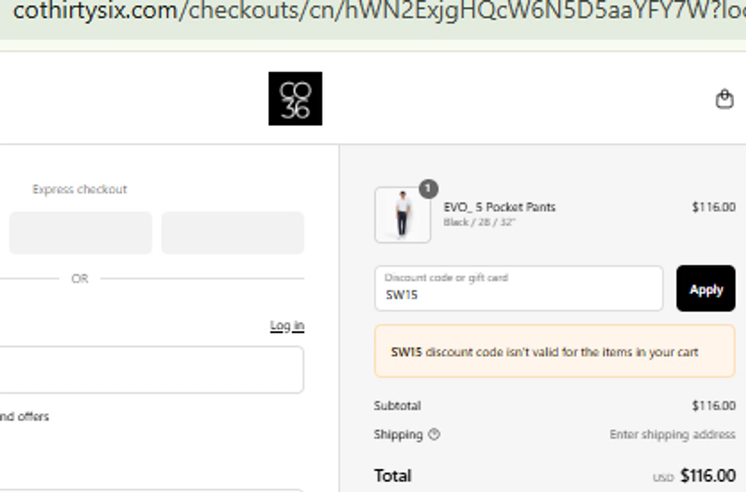 Co.Thirty Six promo code screenshot showing code SW15 applied at Co.Thirty Six checkout page. Uploaded by SimplyCodes community member CashMaestro9337 on Aug 26, 2025