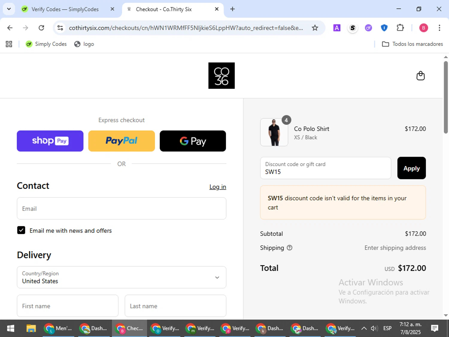 Co.Thirty Six promo code screenshot showing code SW15 applied at Co.Thirty Six checkout page. Uploaded by SimplyCodes community member bombontropical on Aug 7, 2025