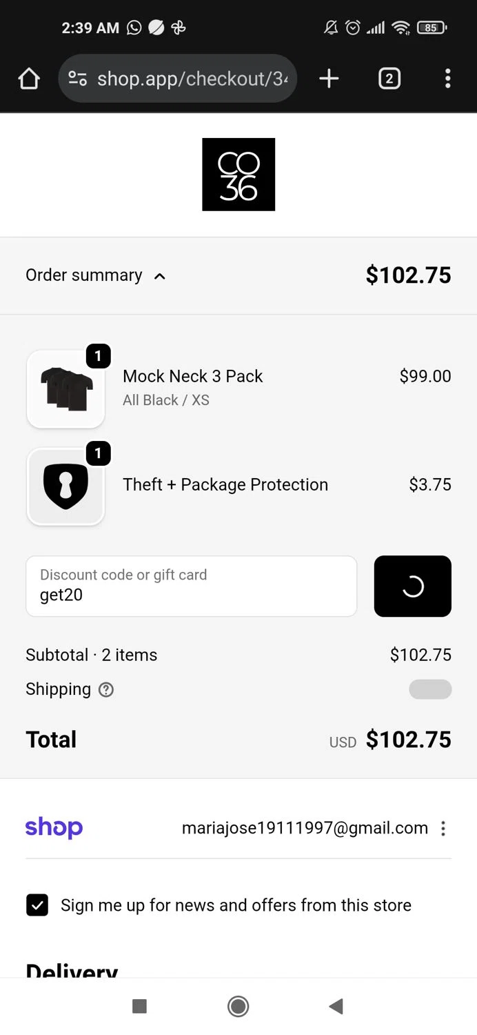 Co.Thirty Six promo code screenshot showing code get20 applied at Co.Thirty Six checkout page. Uploaded by SimplyCodes community member Mujerdejunnior on Dec 10, 2025
