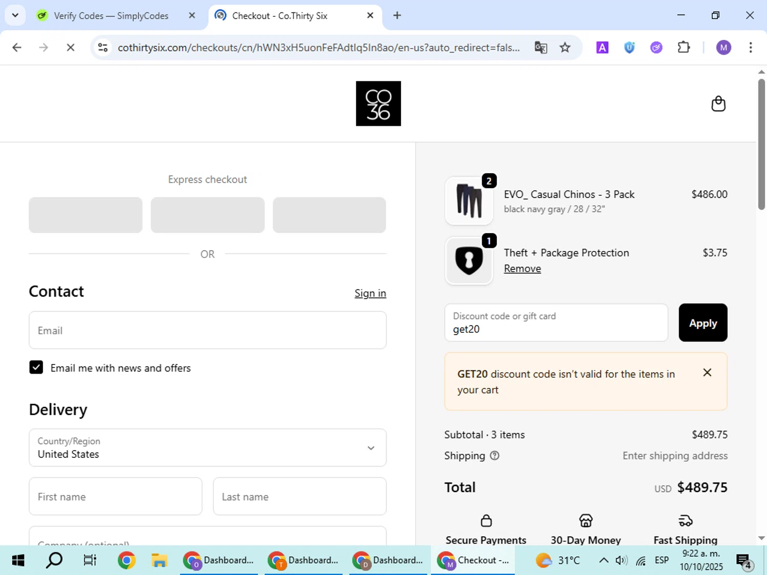 Co.Thirty Six promo code screenshot showing code get20 applied at Co.Thirty Six checkout page. Uploaded by SimplyCodes community member VoucherScout6115 on Oct 10, 2025