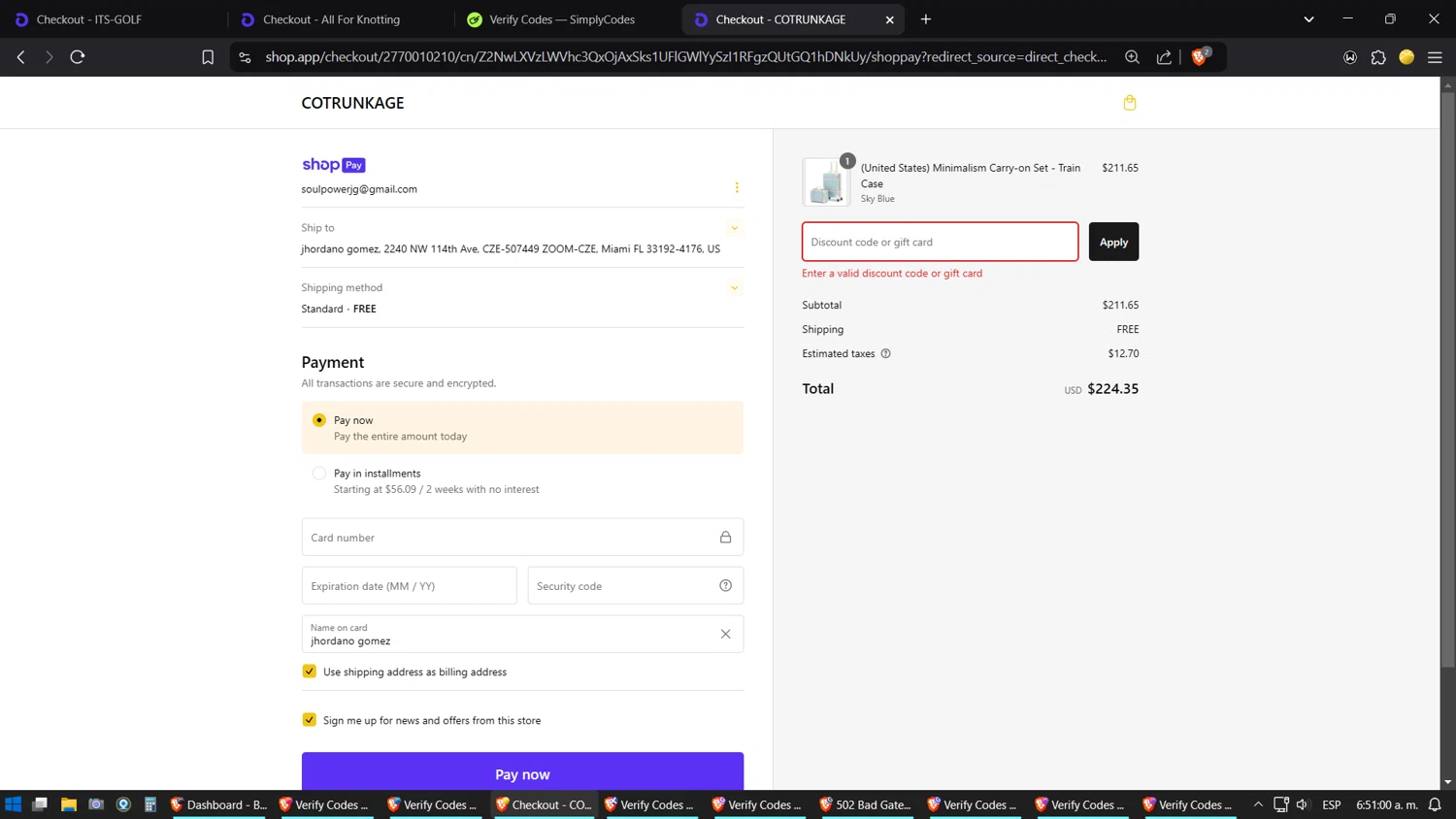 Cotrunkage promo code screenshot showing code K0FVKTGMNHDF applied at Cotrunkage checkout page. Uploaded by SimplyCodes community member ZoilaPerrita on Feb 3, 2025