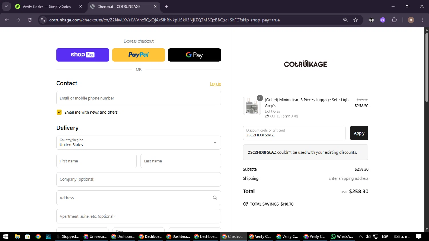 Cotrunkage promo code screenshot showing code 2SC2HD8FS6AZ applied at Cotrunkage checkout page. Uploaded by SimplyCodes community member SmartWarden8713 on Jun 14, 2025