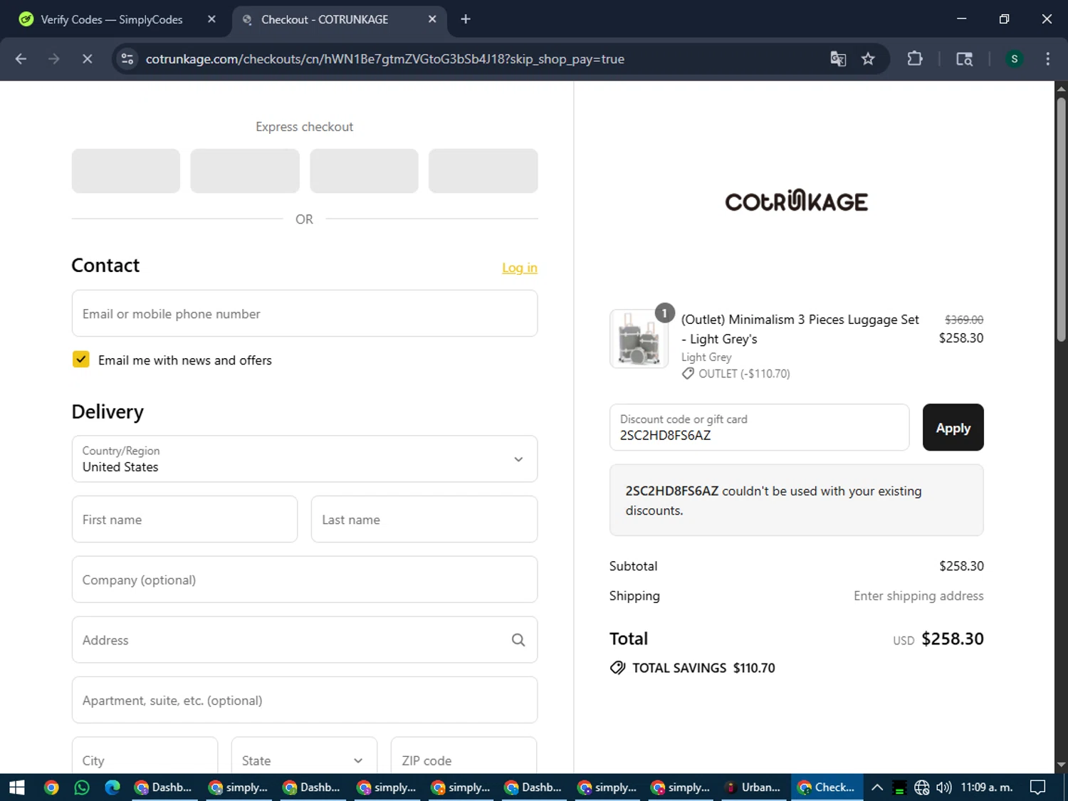 Cotrunkage promo code screenshot showing code 2SC2HD8FS6AZ applied at Cotrunkage checkout page. Uploaded by SimplyCodes community member lilMosey on Jul 29, 2025