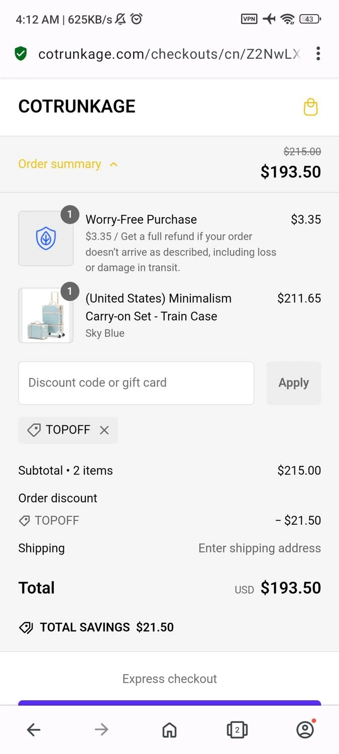 Cotrunkage promo code screenshot showing code TOPOFF applied at Cotrunkage checkout page. Uploaded by SimplyCodes community member GoldChaser6627 on Jan 27, 2025
