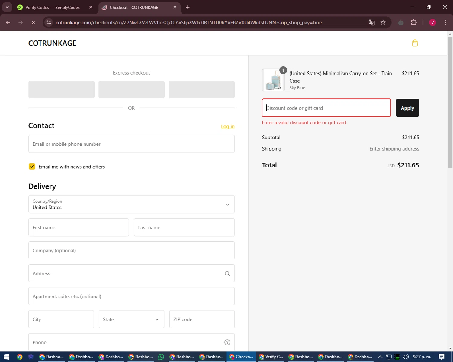 Cotrunkage promo code screenshot showing code FLASHDEAL applied at Cotrunkage checkout page. Uploaded by SimplyCodes community member ShieldEagle6102 on Jan 31, 2025