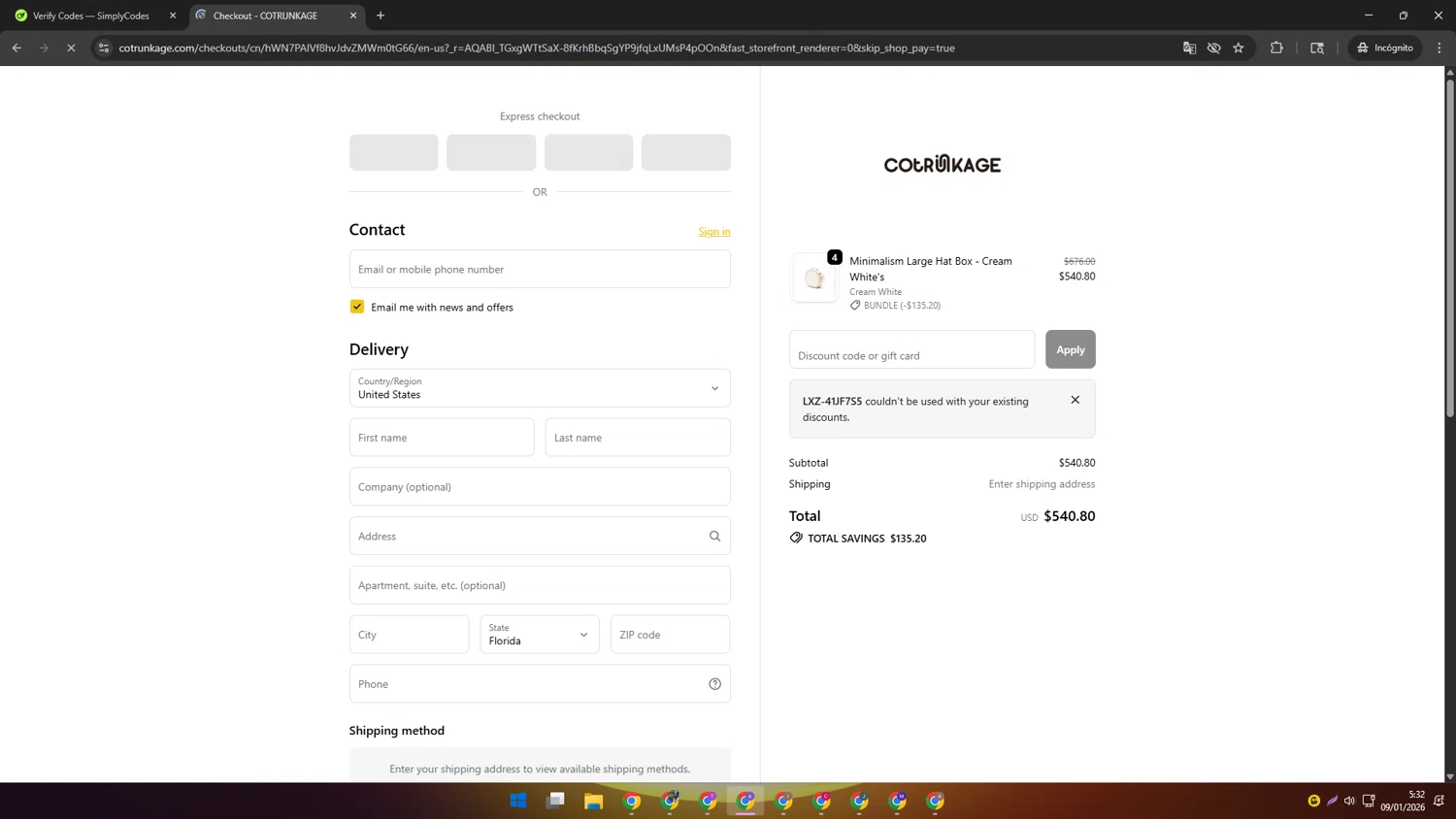 Cotrunkage promo code screenshot showing code LXZ-41JF7S5 applied at Cotrunkage checkout page. Uploaded by SimplyCodes community member SAKURA on Jan 9, 2026