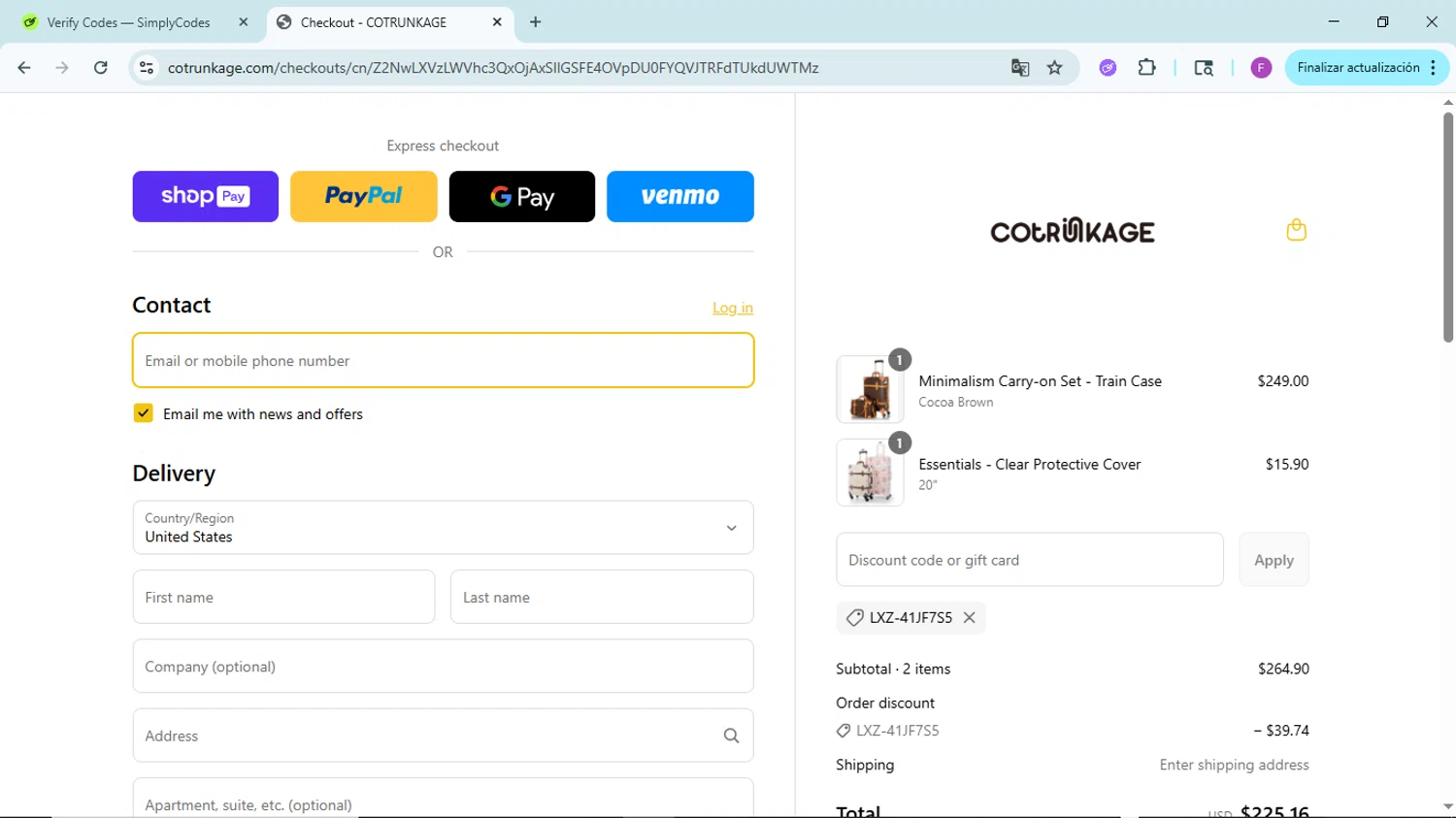 Cotrunkage promo code screenshot showing code LXZ-41JF7S5 applied at Cotrunkage checkout page. Uploaded by SimplyCodes community member ShieldTitan6985 on Jun 23, 2025