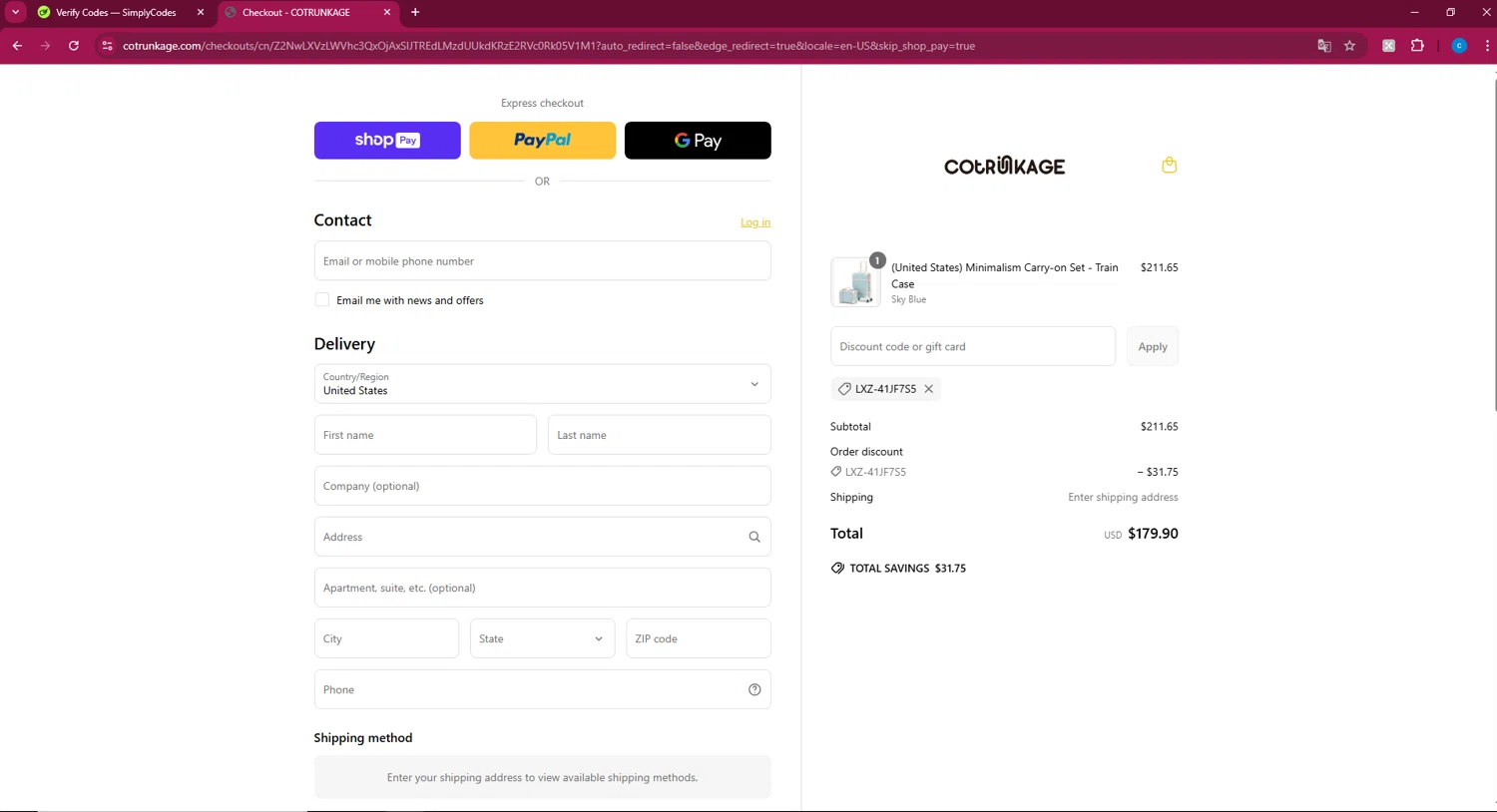 Cotrunkage promo code screenshot showing code LXZ-41JF7S5 applied at Cotrunkage checkout page. Uploaded by SimplyCodes community member Turiderss on Apr 14, 2025