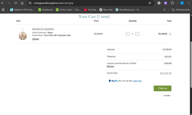 Cottage and Bungalow checkout page showing Cottage and Bungalow promo code box | Screenshot taken by SimplyCodes community member on Aug 6, 2025