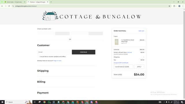 Cottage and Bungalow checkout page showing Cottage and Bungalow promo code box | Screenshot taken by SimplyCodes community member on Mar 6, 2025