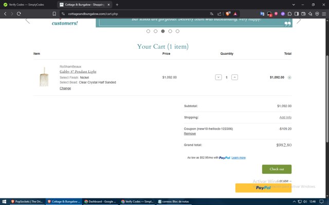 Cottage and Bungalow checkout page showing Cottage and Bungalow promo code box | Screenshot taken by SimplyCodes community member on Jun 13, 2025