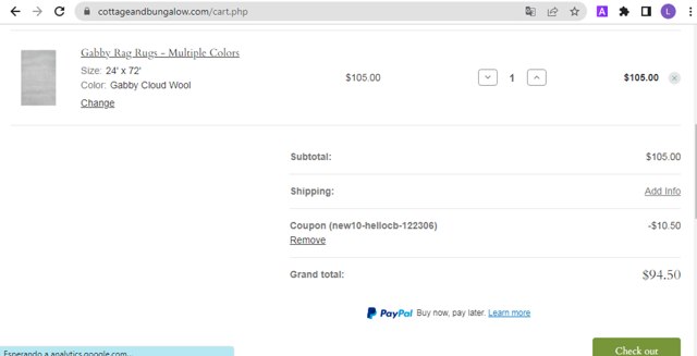Cottage and Bungalow checkout page showing Cottage and Bungalow promo code box | Screenshot taken by SimplyCodes community member on Feb 13, 2025