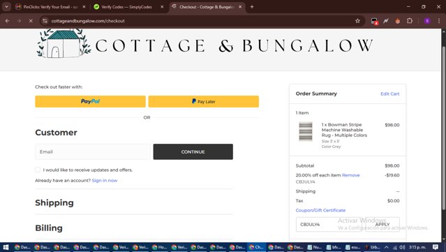 Cottage and Bungalow checkout page showing Cottage and Bungalow promo code box | Screenshot taken by SimplyCodes community member on Jul 7, 2025