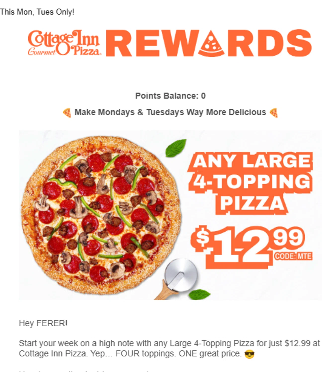 Cottage Inn Pizza promo code screenshot showing code MTE applied at Cottage Inn Pizza checkout page. Uploaded by SimplyCodes community member valeriaantonieta on Jun 15, 2026