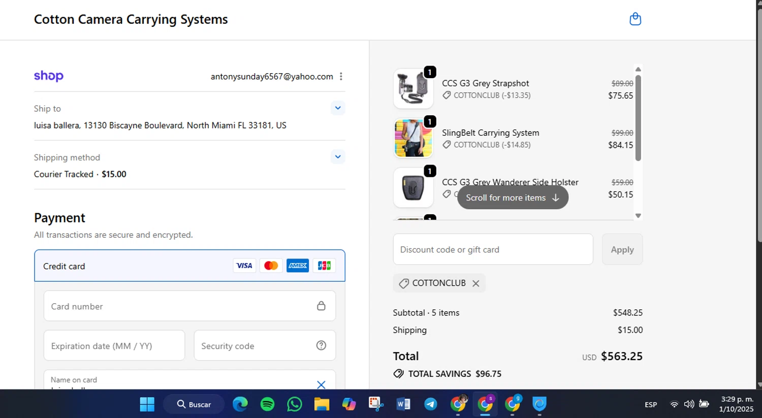Cotton Carrier discount code screenshot showing code COTTONCLUB applied at Cotton Carrier checkout page. Uploaded by SimplyCodes community member Lamadama on Oct 1, 2025